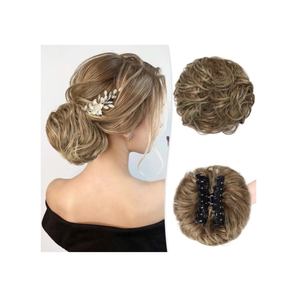 RUWISS Real Human Hair Messy‎ Bun Claw Clip Extension Brown Mixed Light Blonde